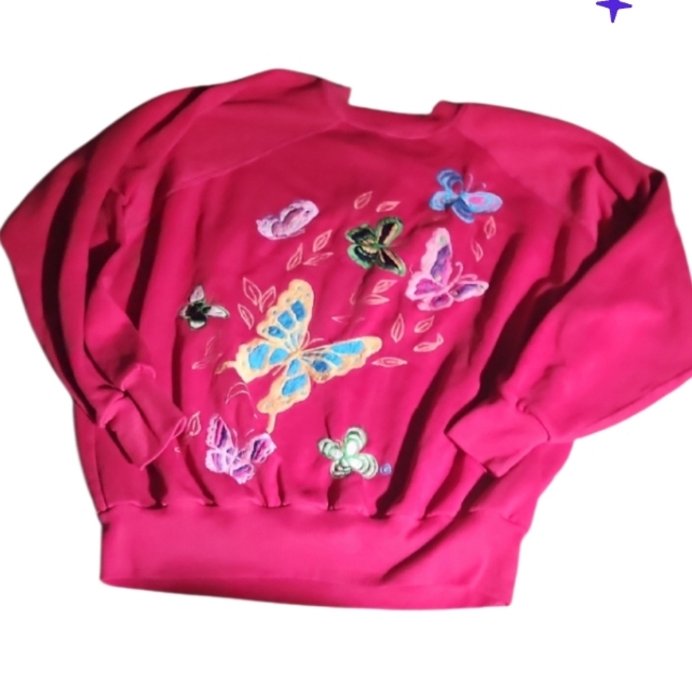 Vintage Hot Pink Sweatshirt with Butterfly Embrodered Design
